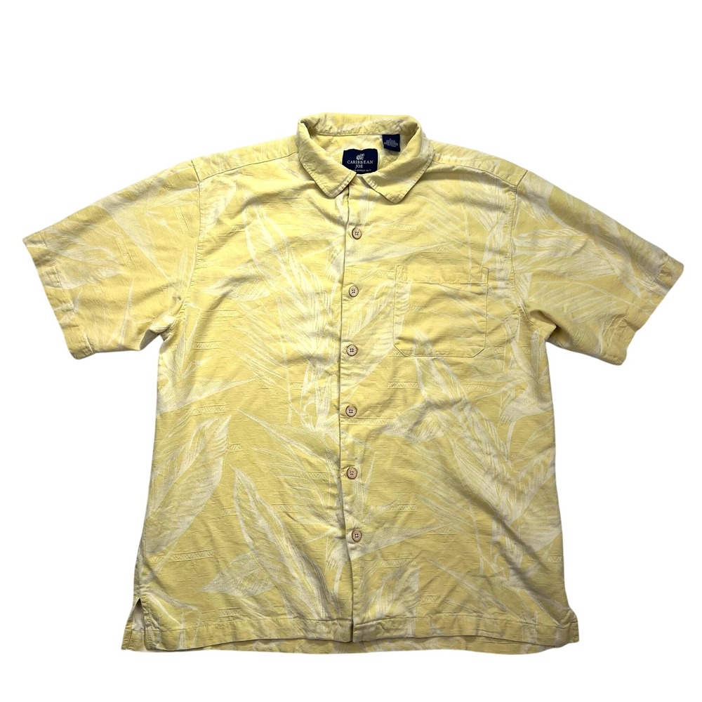Caribbean Joe Silk Button Down Shirt Mens L Yellow Bird Of Paradise Tropical